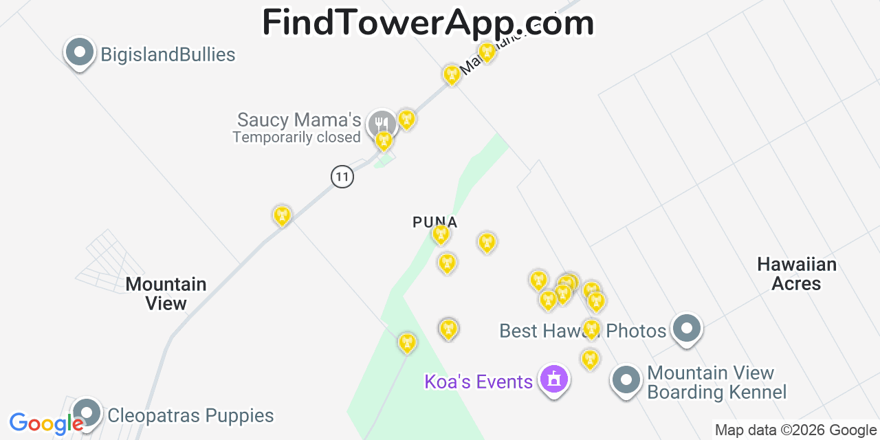 Map showing the 20 primary cell tower locations detected in Fern Acres, Hawaii from AT&T, Verizon, and T-Mobile networks