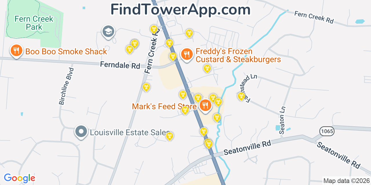 Map showing the 20 primary cell tower locations detected in Fern Creek, Kentucky from AT&T, Verizon, and T-Mobile networks