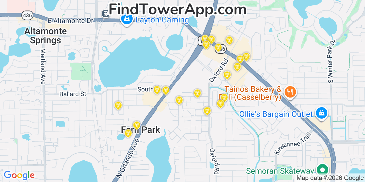 Map showing the 20 primary cell tower locations detected in Fern Park, Florida from AT&T, Verizon, and T-Mobile networks