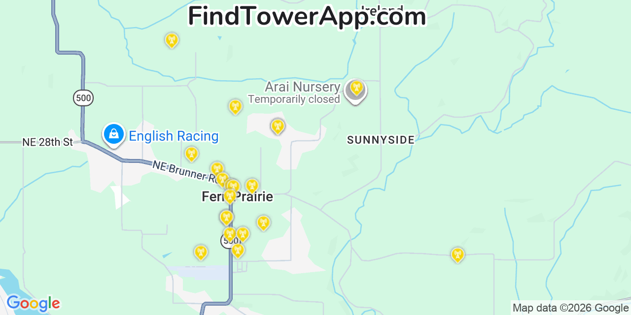 Map showing the 20 primary cell tower locations detected in Fern Prairie, Washington from AT&T, Verizon, and T-Mobile networks