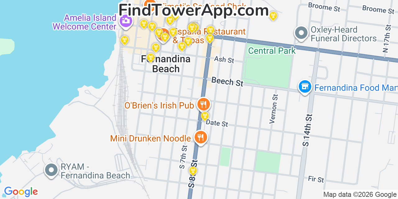 Map showing the 20 primary cell tower locations detected in Fernandina Beach, Florida from AT&T, Verizon, and T-Mobile networks