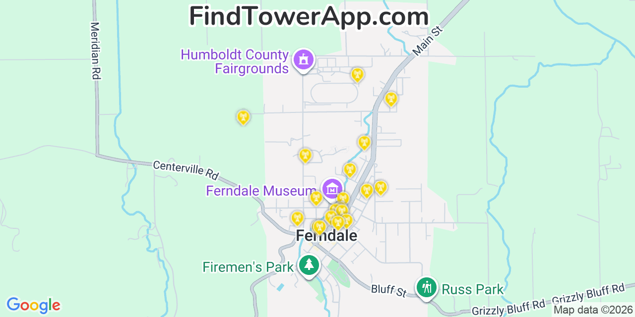 Map showing the 20 primary cell tower locations detected in Ferndale, California from AT&T, Verizon, and T-Mobile networks