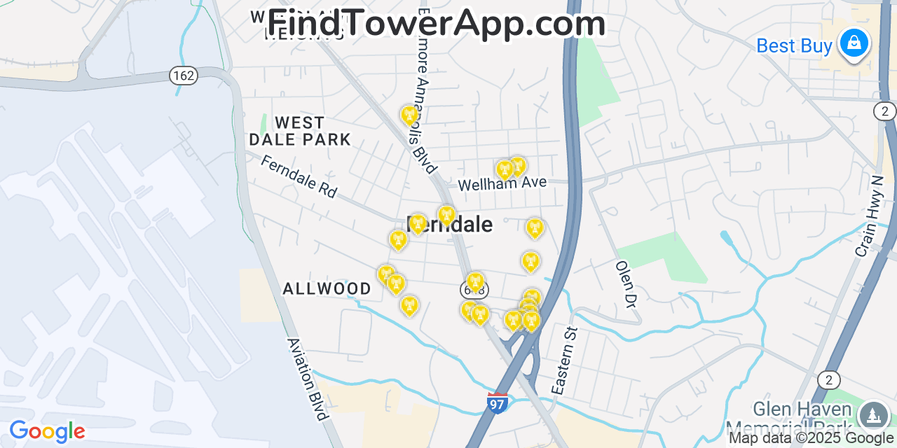 Map showing the 20 primary cell tower locations detected in Ferndale, Maryland from AT&T, Verizon, and T-Mobile networks