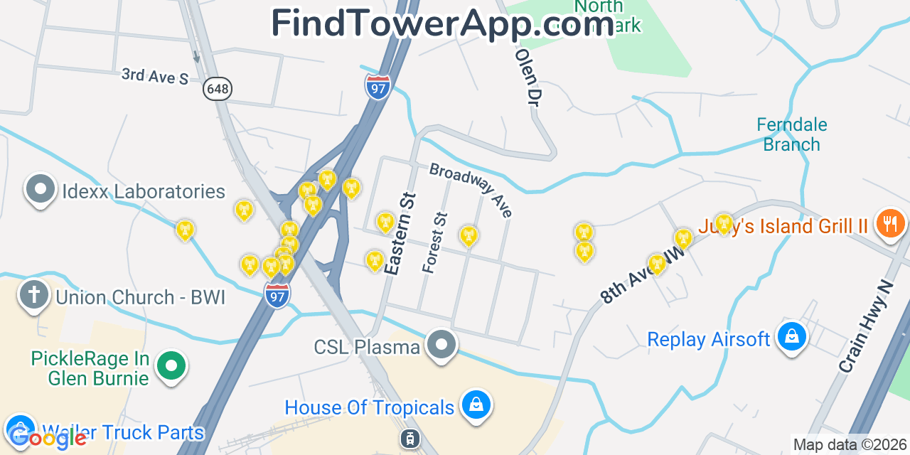 Map showing the 20 primary cell tower locations detected in Ferndale, Maryland from AT&T, Verizon, and T-Mobile networks