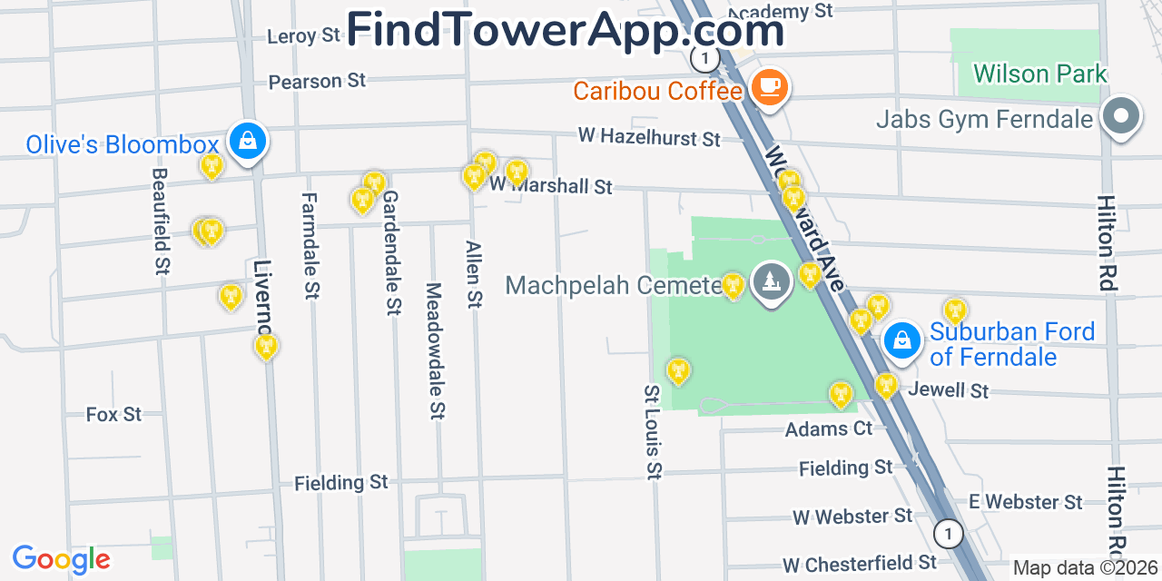 Map showing the 20 primary cell tower locations detected in Ferndale, Michigan from AT&T, Verizon, and T-Mobile networks