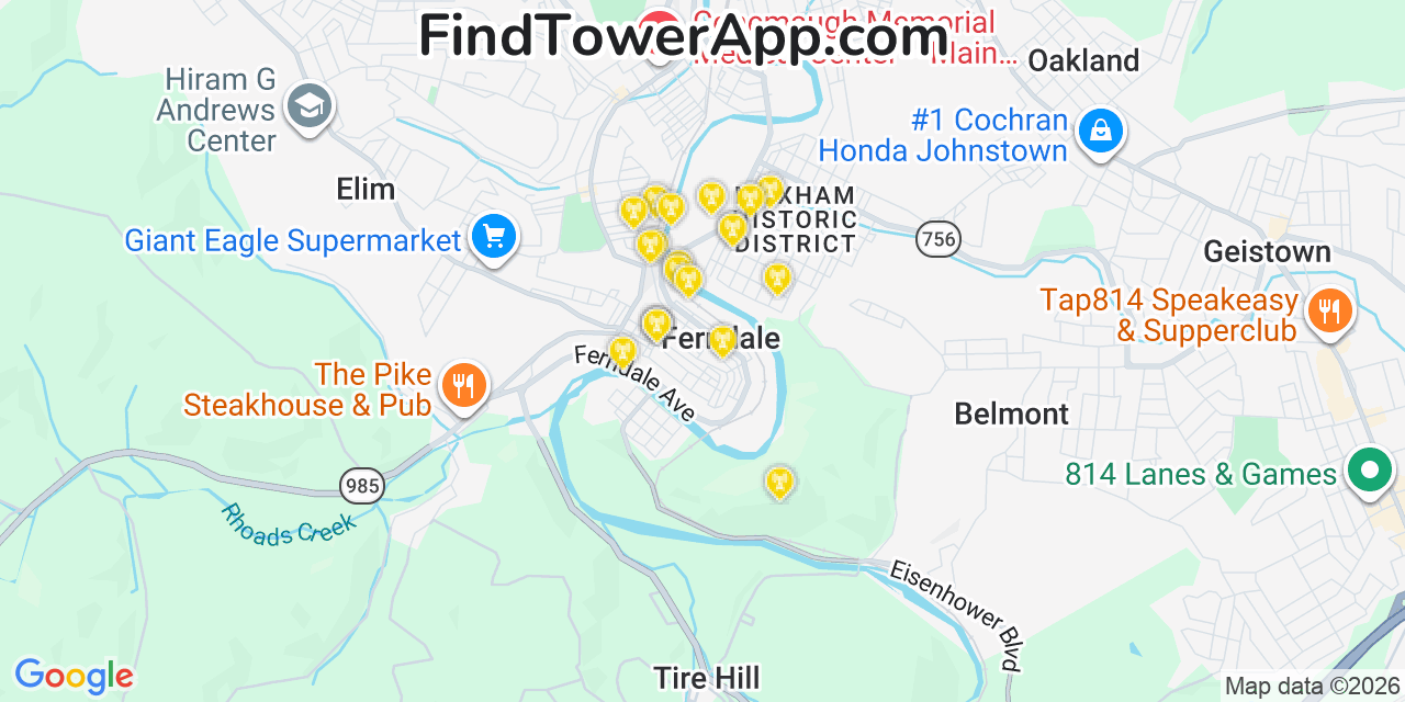 Map showing the 20 primary cell tower locations detected in Ferndale, Pennsylvania from AT&T, Verizon, and T-Mobile networks