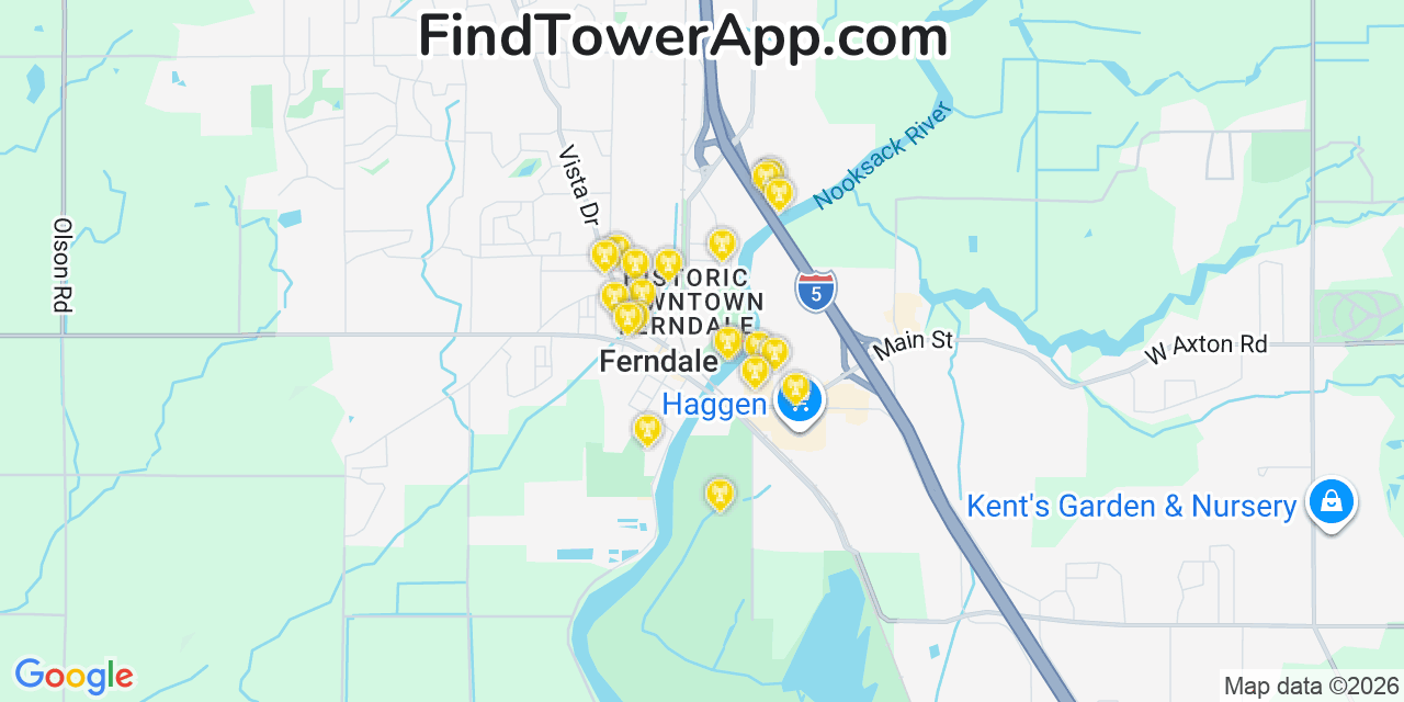 Map showing the 20 primary cell tower locations detected in Ferndale, Washington from AT&T, Verizon, and T-Mobile networks