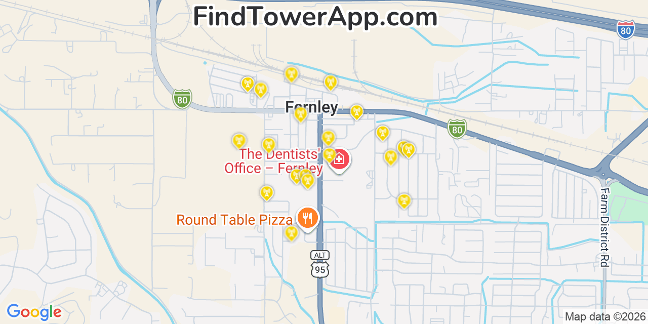 Map showing the 20 primary cell tower locations detected in Fernley, Nevada from AT&T, Verizon, and T-Mobile networks