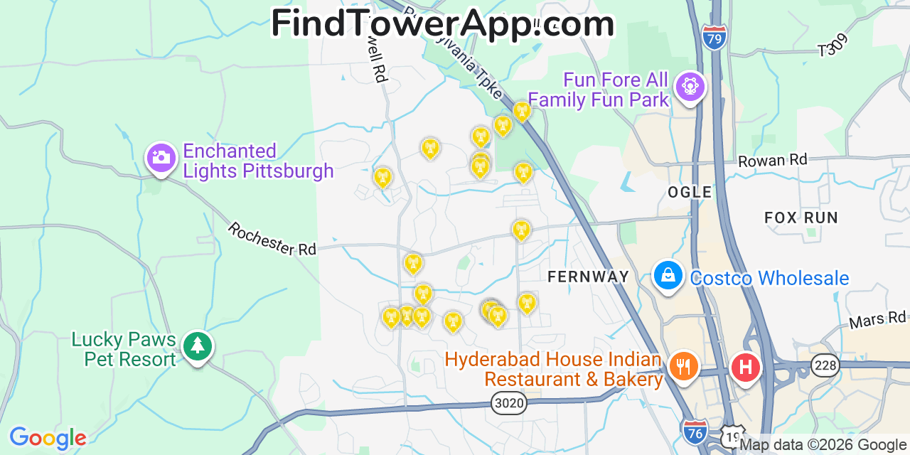 Map showing the 20 primary cell tower locations detected in Fernway, Pennsylvania from AT&T, Verizon, and T-Mobile networks