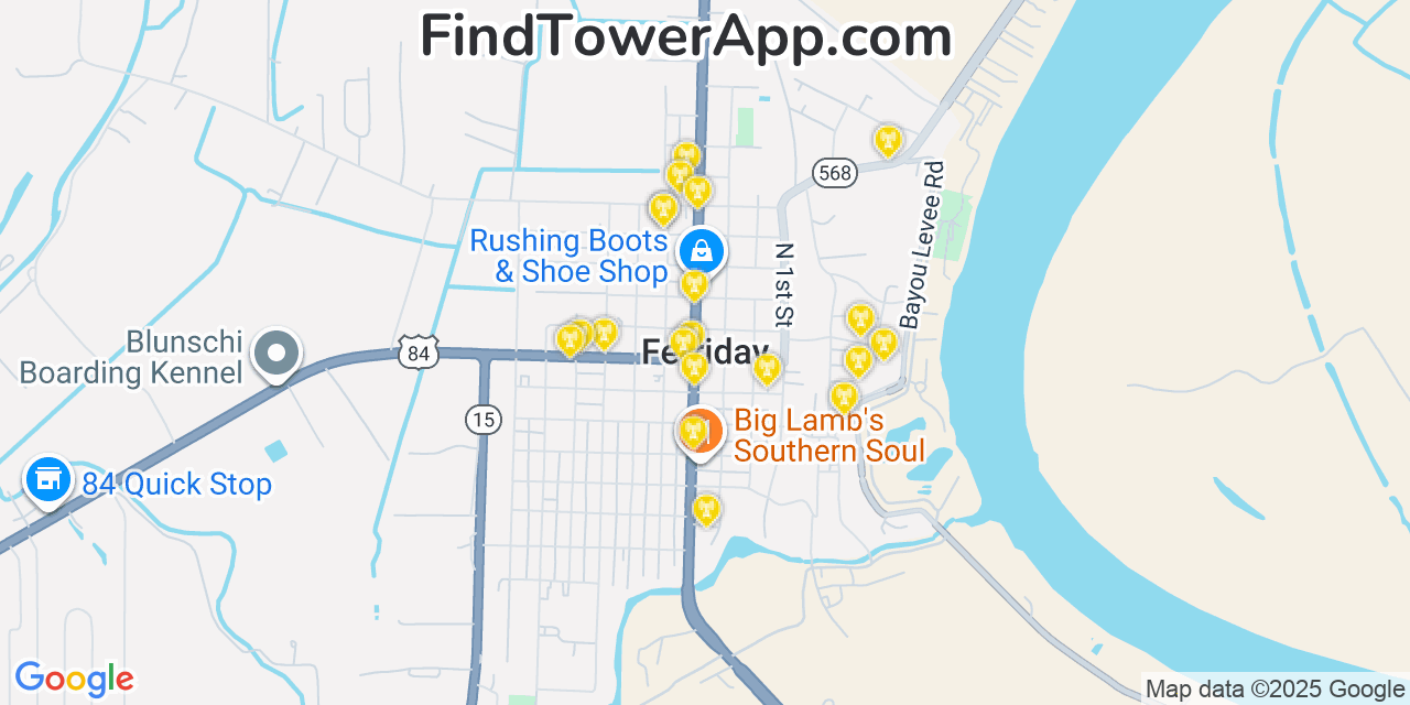 Map showing the 20 primary cell tower locations detected in Ferriday, Louisiana from AT&T, Verizon, and T-Mobile networks