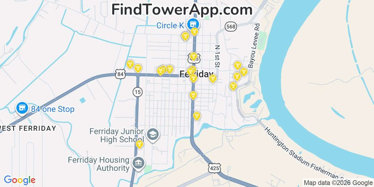 Map showing the 20 primary cell tower locations detected in Ferriday, Louisiana from AT&T, Verizon, and T-Mobile networks
