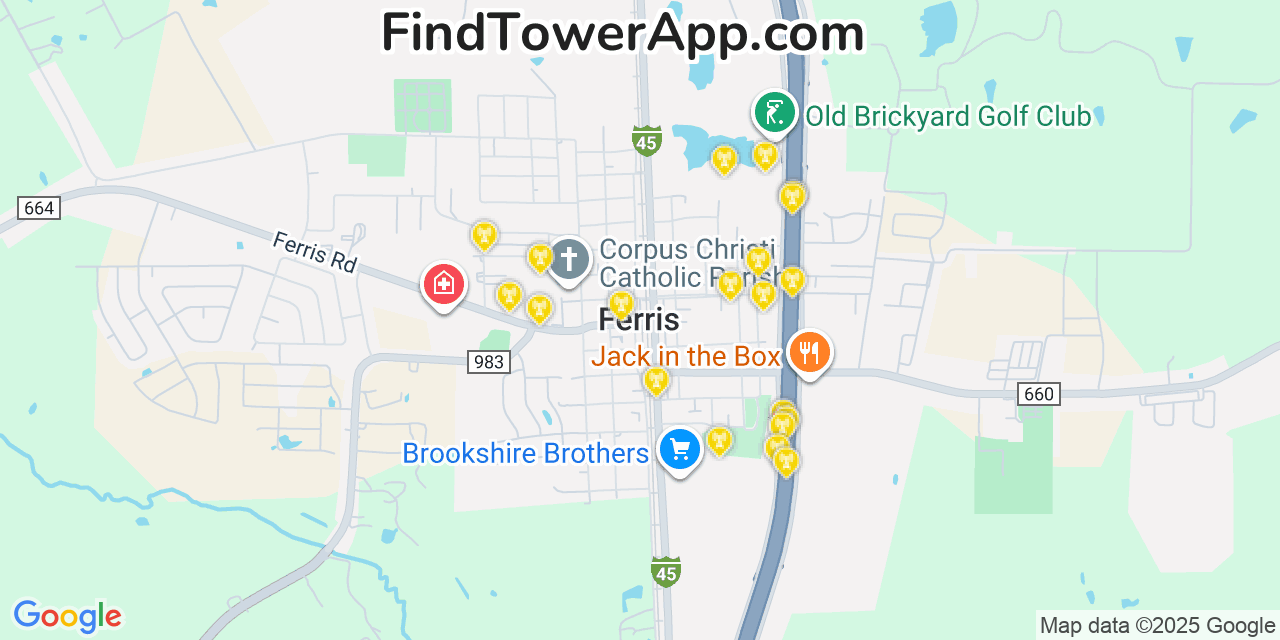 Map showing the 20 primary cell tower locations detected in Ferris, Texas from AT&T, Verizon, and T-Mobile networks