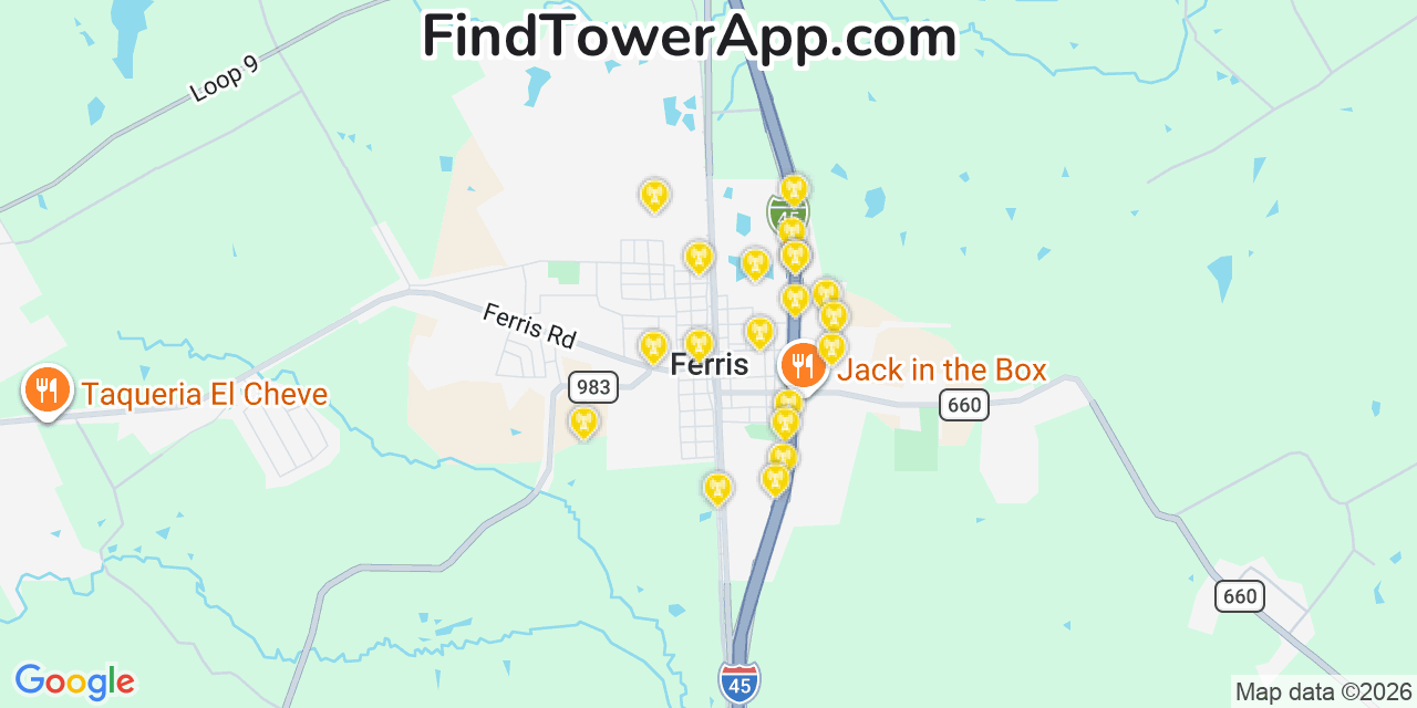 Map showing the 20 primary cell tower locations detected in Ferris, Texas from AT&T, Verizon, and T-Mobile networks
