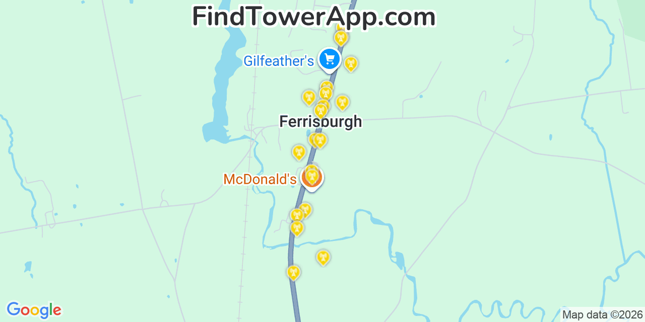 Map showing the 20 primary cell tower locations detected in Ferrisburgh, Vermont from AT&T, Verizon, and T-Mobile networks