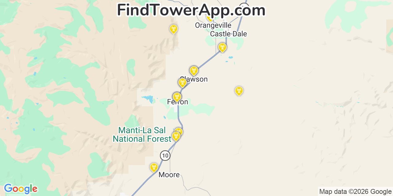Map showing the 20 primary cell tower locations detected in Ferron, Utah from AT&T, Verizon, and T-Mobile networks
