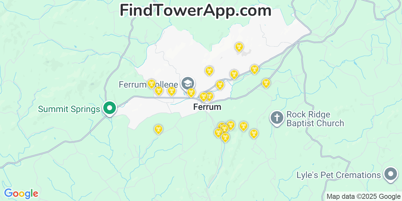 Map showing the 20 primary cell tower locations detected in Ferrum, Virginia from AT&T, Verizon, and T-Mobile networks