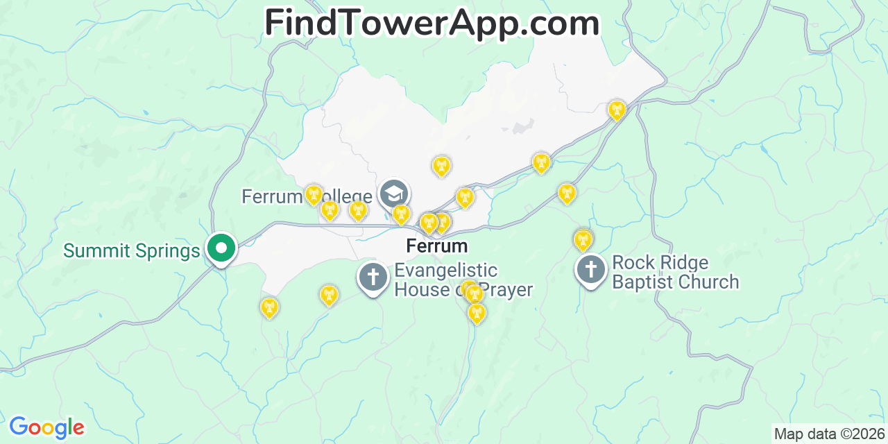 Map showing the 20 primary cell tower locations detected in Ferrum, Virginia from AT&T, Verizon, and T-Mobile networks