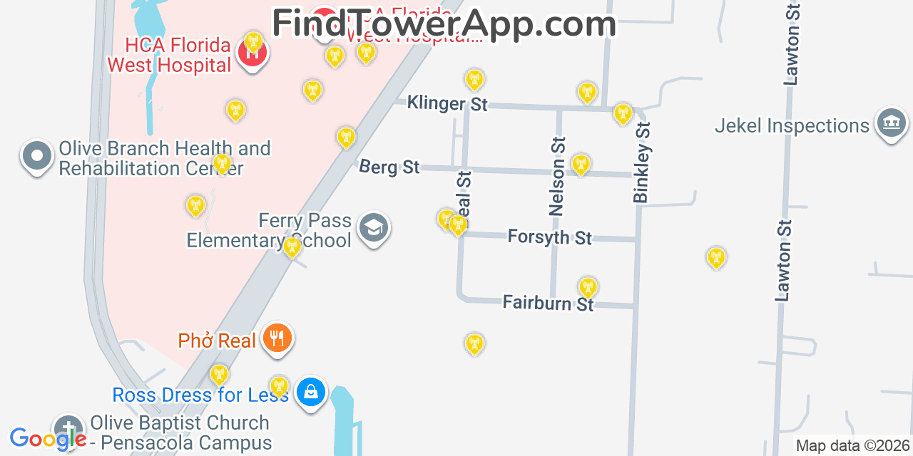 Map showing the 20 primary cell tower locations detected in Ferry Pass, Florida from AT&T, Verizon, and T-Mobile networks