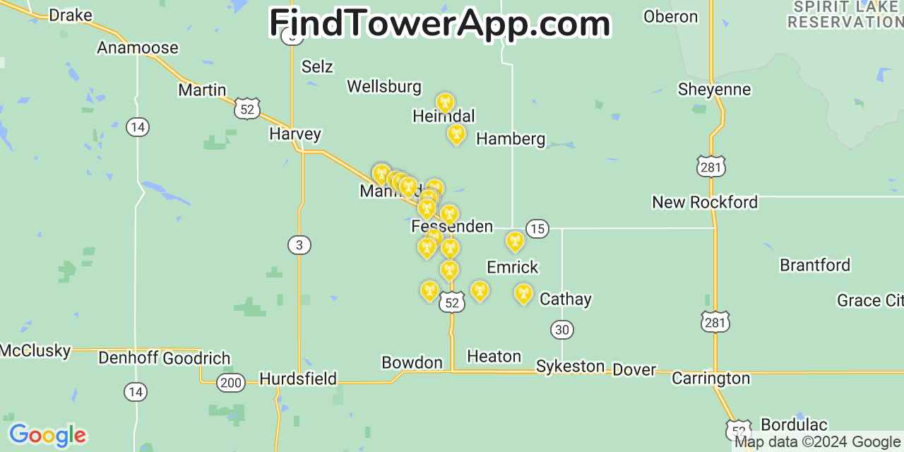 AT&T 4G/5G cell tower coverage map Fessenden, North Dakota