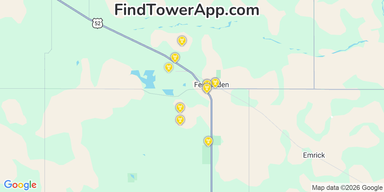 Map showing the 20 primary cell tower locations detected in Fessenden, North Dakota from AT&T, Verizon, and T-Mobile networks