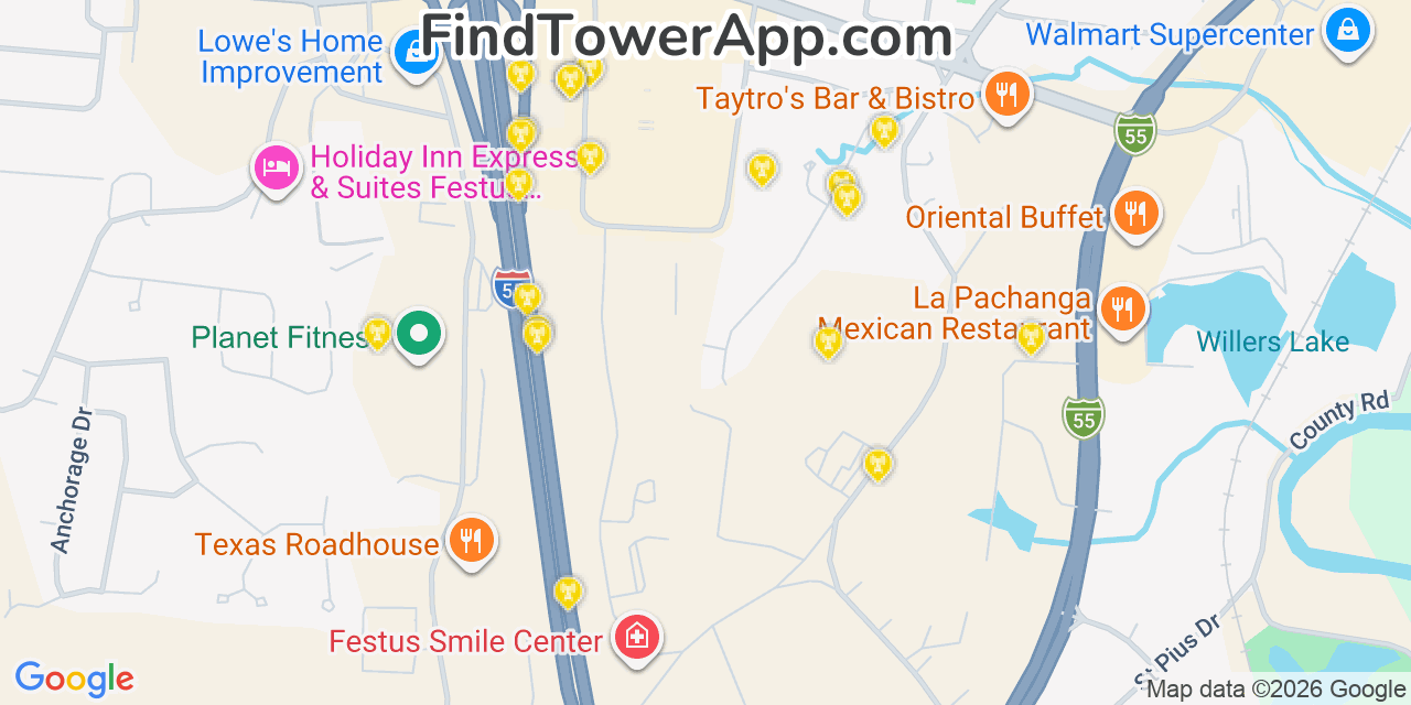 Map showing the 20 primary cell tower locations detected in Festus, Missouri from AT&T, Verizon, and T-Mobile networks