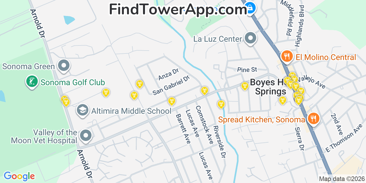 Map showing the 20 primary cell tower locations detected in Fetters Hot Springs Agua Caliente, California from AT&T, Verizon, and T-Mobile networks