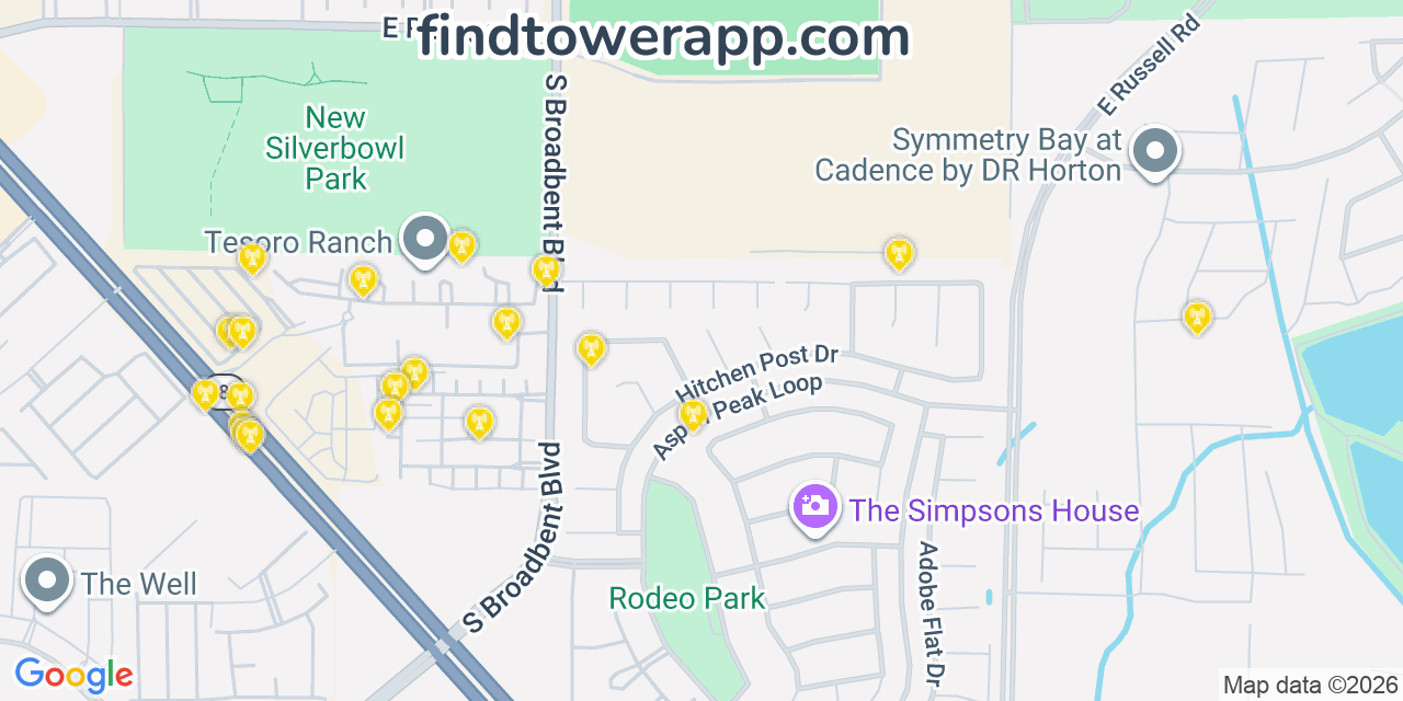 Map showing the 20 primary cell tower locations detected in Fields, Nevada from AT&T, Verizon, and T-Mobile networks