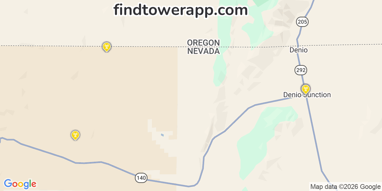 Map showing the 13 primary AT&T cell tower locations detected in Fields, Oregon with coverage radius and signal strength indicators