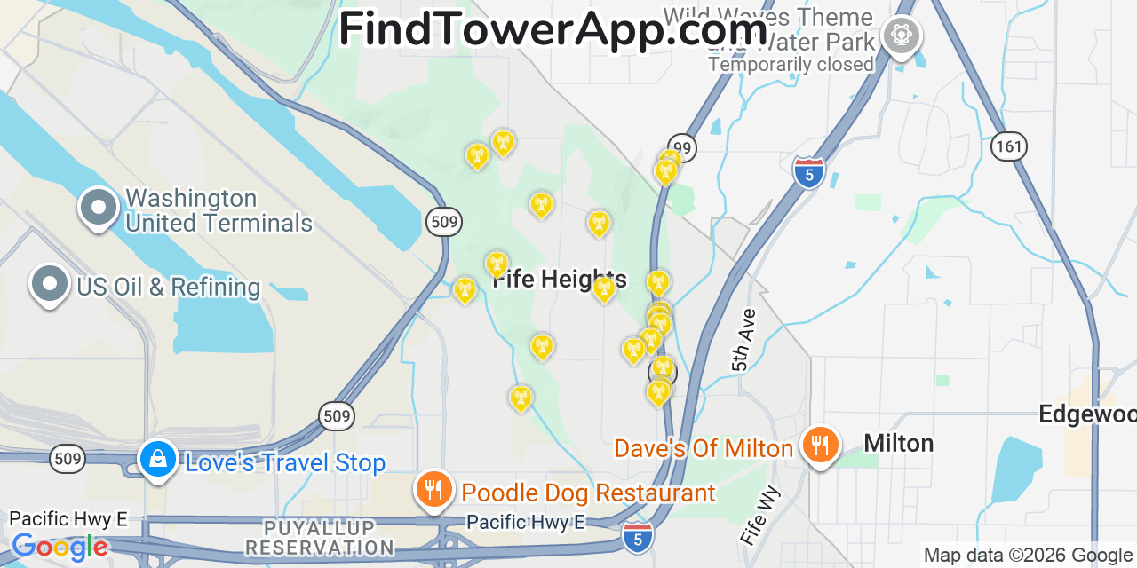 Map showing the 20 primary cell tower locations detected in Fife Heights, Washington from AT&T, Verizon, and T-Mobile networks