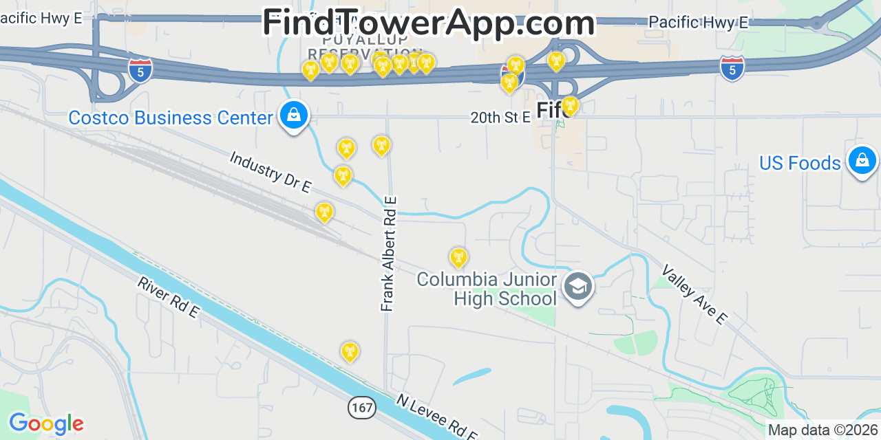 Map showing the 20 primary cell tower locations detected in Fife, Washington from AT&T, Verizon, and T-Mobile networks