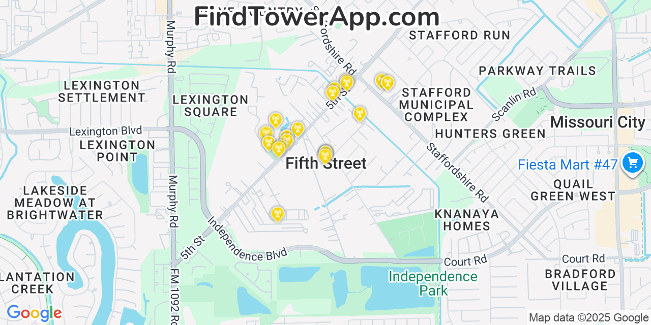 Map showing the 20 primary cell tower locations detected in Fifth Street, Texas from AT&T, Verizon, and T-Mobile networks