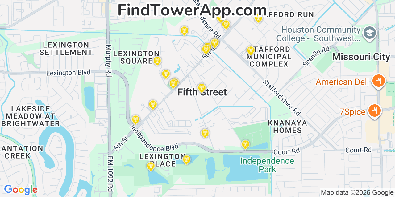 Map showing the 20 primary cell tower locations detected in Fifth Street, Texas from AT&T, Verizon, and T-Mobile networks
