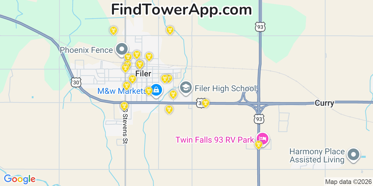 Map showing the 20 primary cell tower locations detected in Filer, Idaho from AT&T, Verizon, and T-Mobile networks