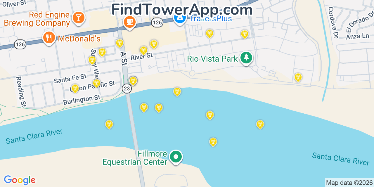 Map showing the 20 primary cell tower locations detected in Fillmore, California from AT&T, Verizon, and T-Mobile networks