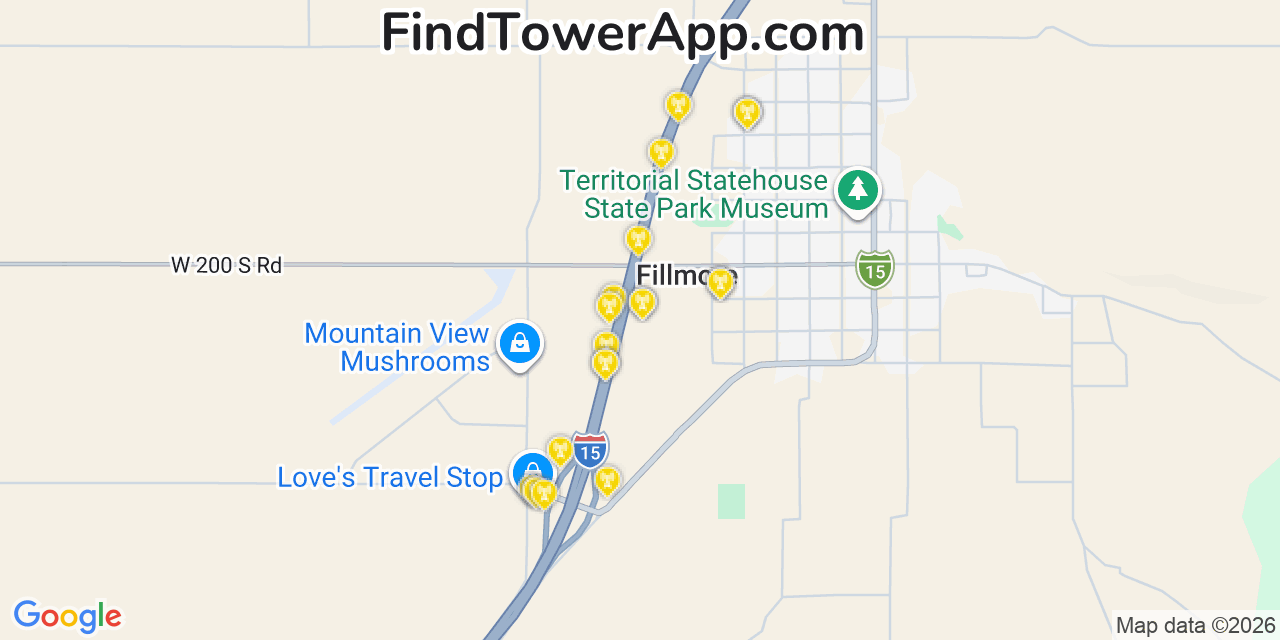 Map showing the 20 primary cell tower locations detected in Fillmore, Utah from AT&T, Verizon, and T-Mobile networks