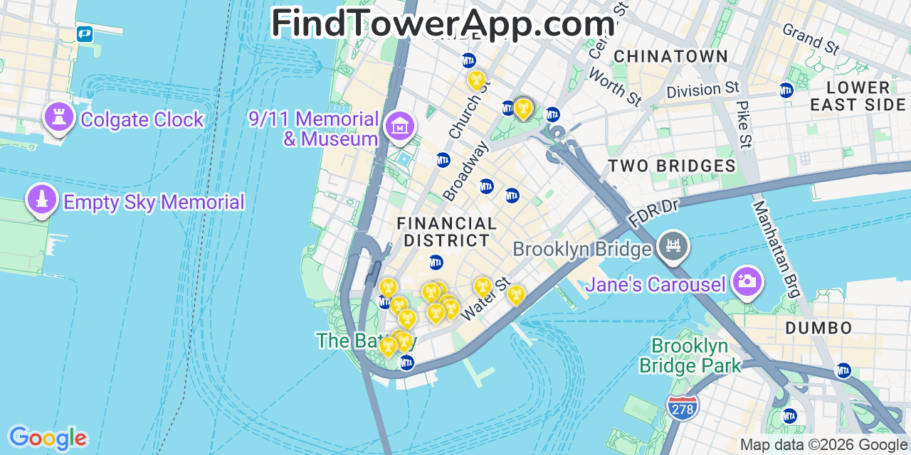 Map showing the 20 primary cell tower locations detected in Financial District, New York from AT&T, Verizon, and T-Mobile networks