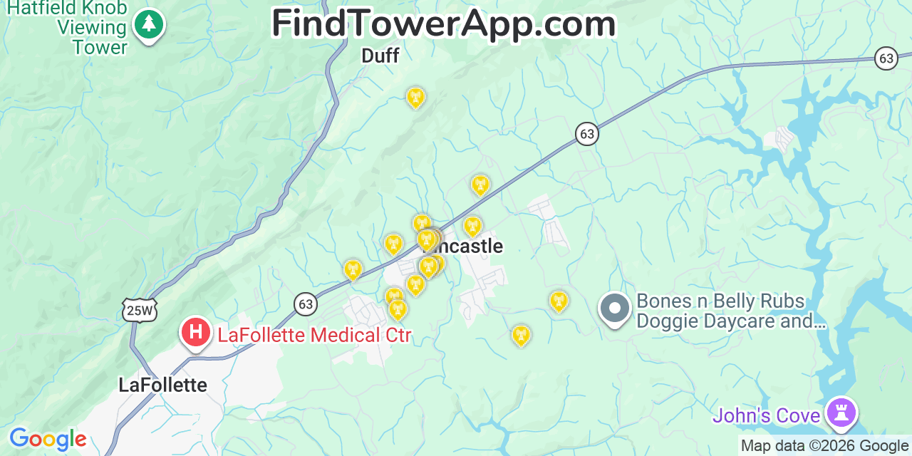 Map showing the 20 primary cell tower locations detected in Fincastle, Tennessee from AT&T, Verizon, and T-Mobile networks