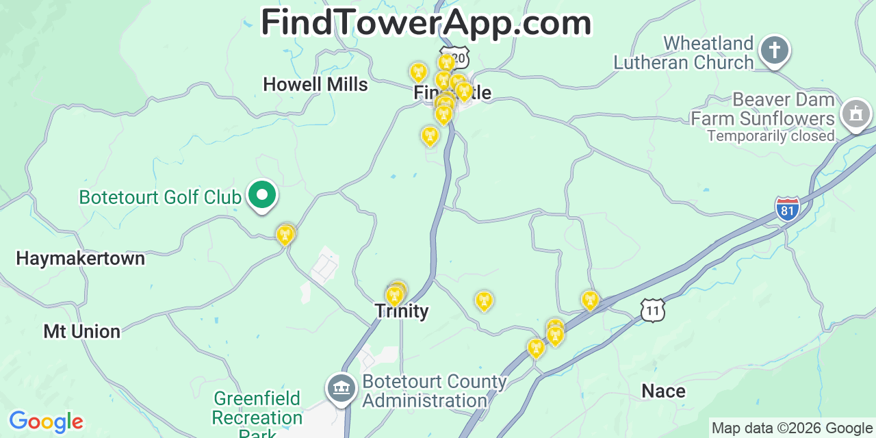 Map showing the 20 primary cell tower locations detected in Fincastle, Virginia from AT&T, Verizon, and T-Mobile networks