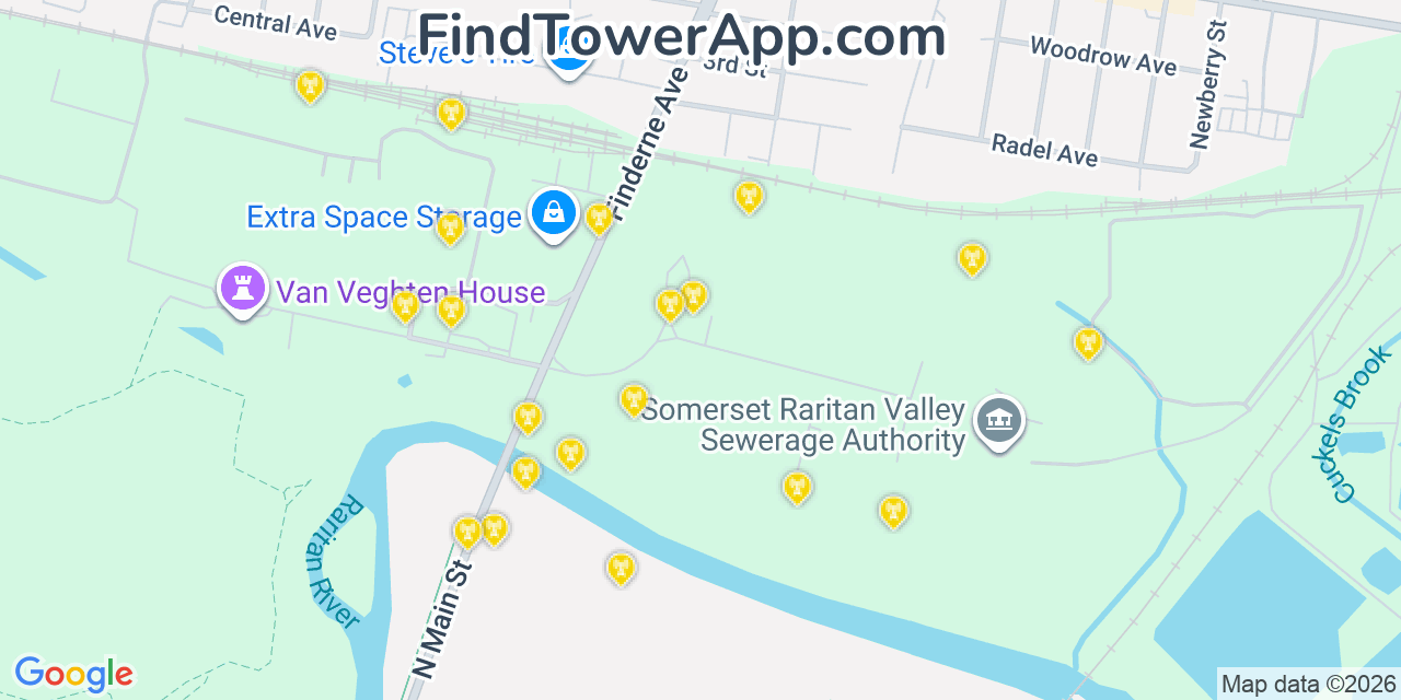Map showing the 20 primary cell tower locations detected in Finderne, New Jersey from AT&T, Verizon, and T-Mobile networks