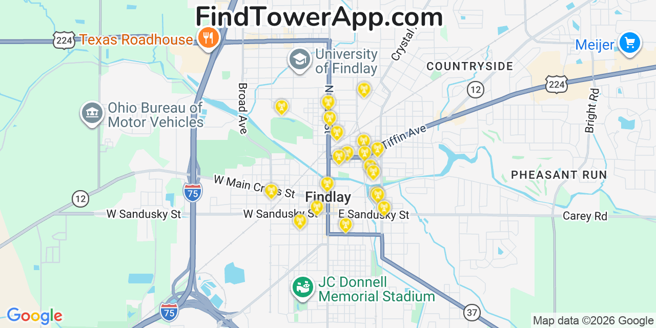 Map showing the 20 primary cell tower locations detected in Findlay, Ohio from AT&T, Verizon, and T-Mobile networks