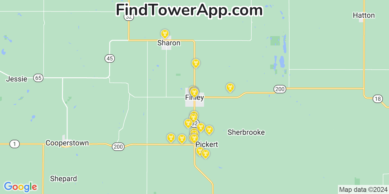 AT&T 4G/5G cell tower coverage map Finley, North Dakota