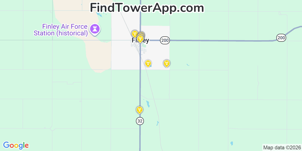 Map showing the 20 primary cell tower locations detected in Finley, North Dakota from AT&T, Verizon, and T-Mobile networks