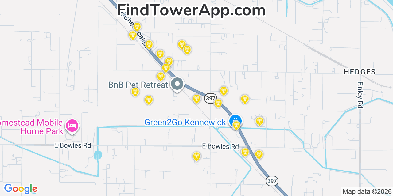 Map showing the 20 primary cell tower locations detected in Finley, Washington from AT&T, Verizon, and T-Mobile networks