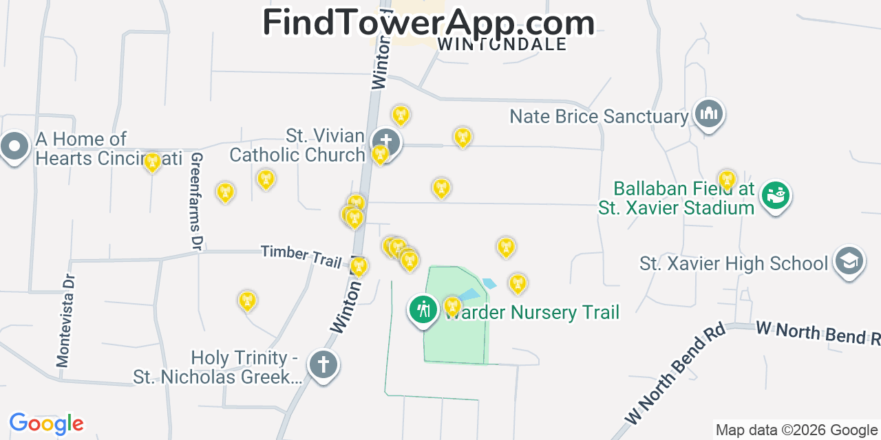 Map showing the 20 primary cell tower locations detected in Finneytown, Ohio from AT&T, Verizon, and T-Mobile networks