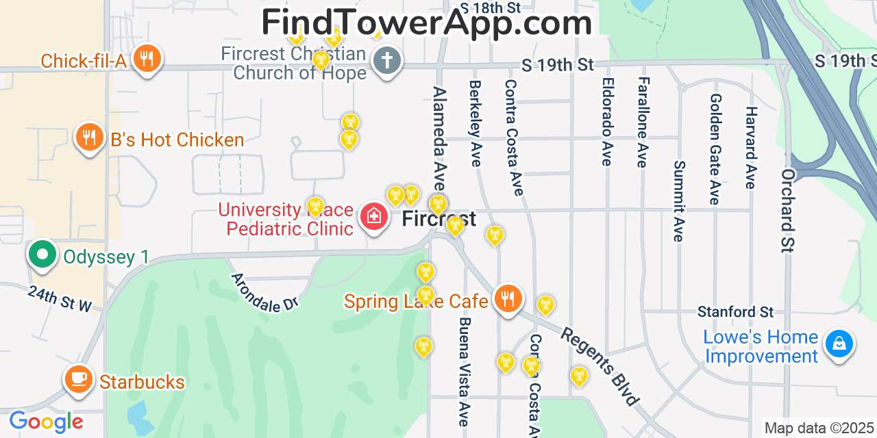 Map showing the 20 primary cell tower locations detected in Fircrest, Washington from AT&T, Verizon, and T-Mobile networks