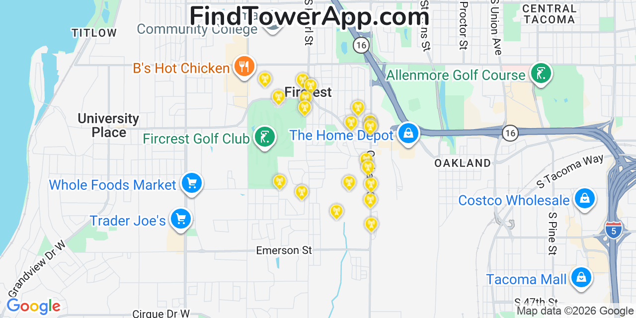 Map showing the 20 primary cell tower locations detected in Fircrest, Washington from AT&T, Verizon, and T-Mobile networks