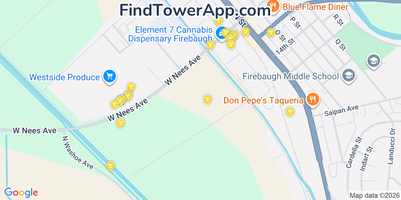 Map showing the 20 primary cell tower locations detected in Firebaugh, California from AT&T, Verizon, and T-Mobile networks