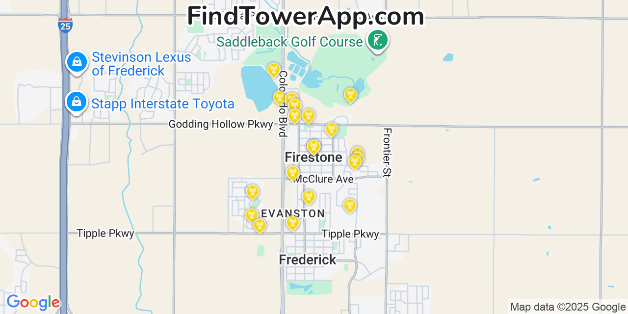 Map showing the 20 primary cell tower locations detected in Firestone, Colorado from AT&T, Verizon, and T-Mobile networks