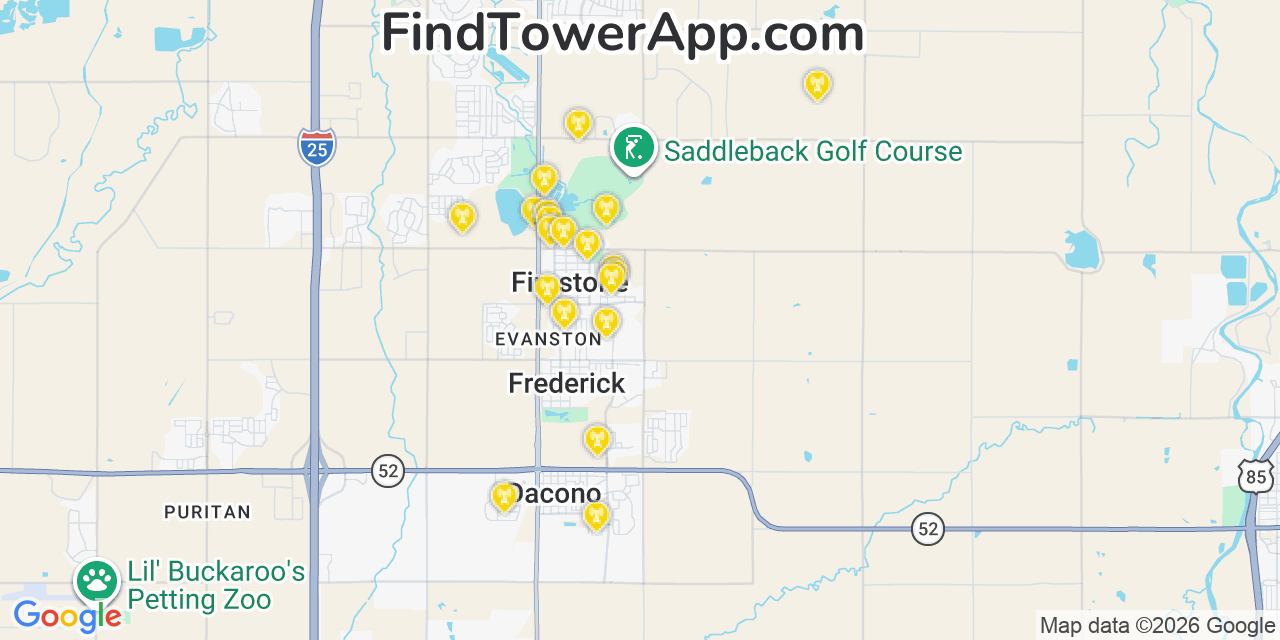 Map showing the 20 primary cell tower locations detected in Firestone, Colorado from AT&T, Verizon, and T-Mobile networks