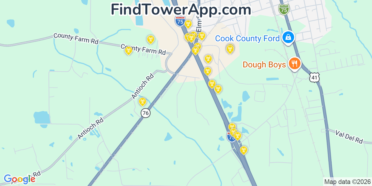 Map showing the 20 primary cell tower locations detected in Firing Range, Georgia from AT&T, Verizon, and T-Mobile networks